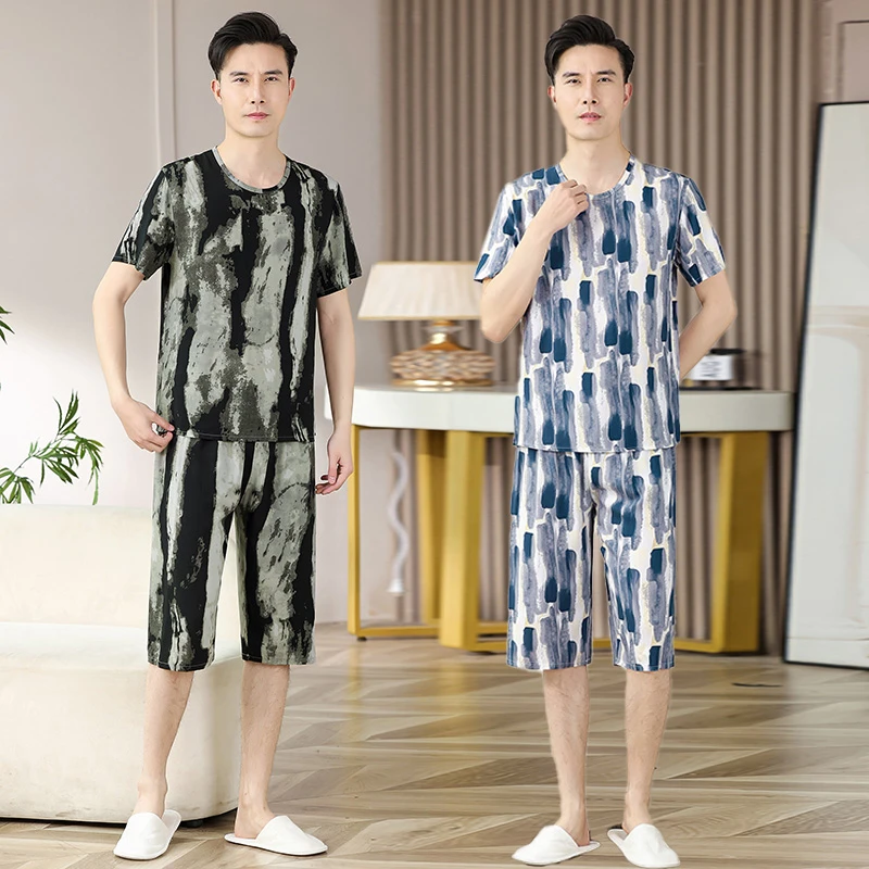 棉绸睡衣男士夏季短袖爸爸套装中老年人造棉绵绸宽松家居服薄款
