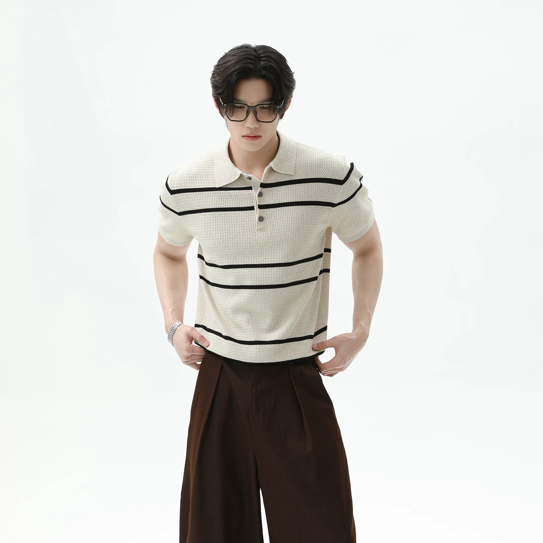 TURNTIDE 老钱轻奢撞色条纹针织POLO短袖通勤高级柔软透气夏季T恤