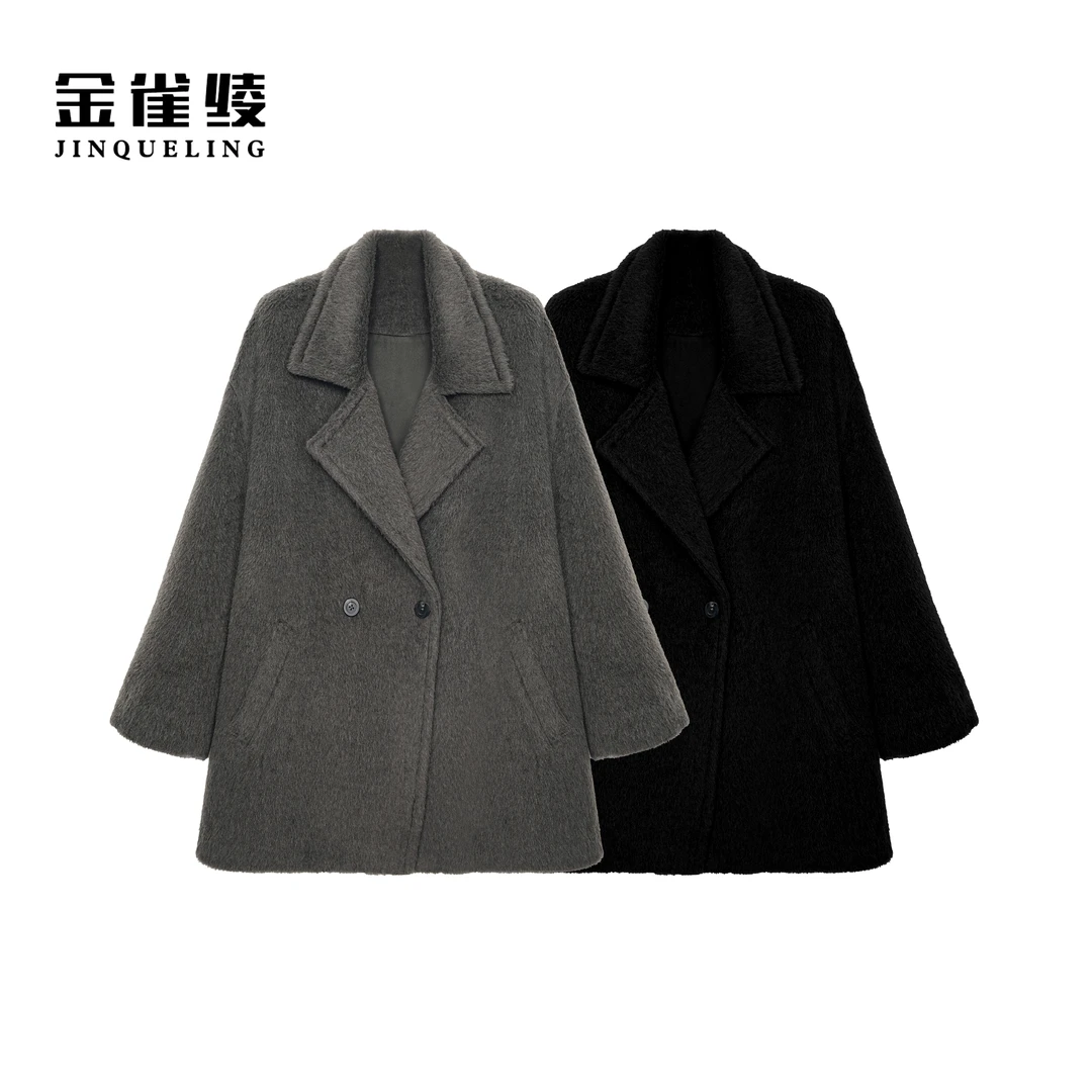 金雀绫【温暖国度】简约通勤休闲加宽加大大衣毛呢外套SZA4MY673