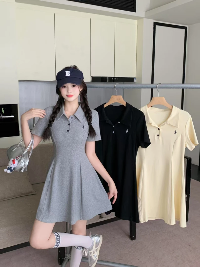 2025年大码女装夏季韩版新款Polo领短袖高腰连衣裙赴约极简女装潮