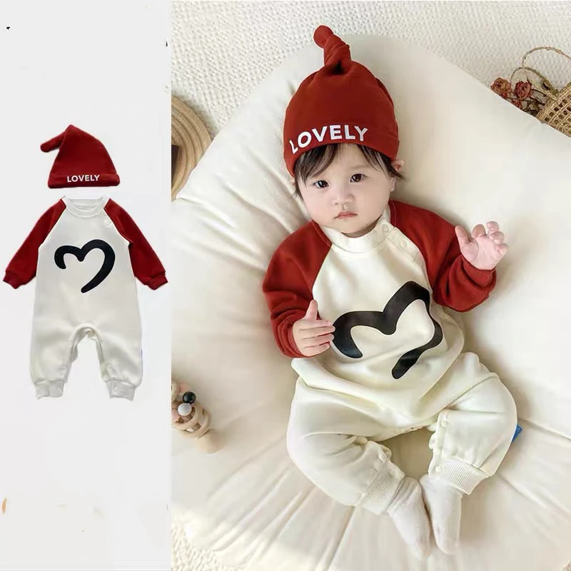 炸街时尚百搭春秋连体装宝宝连哈衣爱心长袖卫衣婴幼洋气女童男童