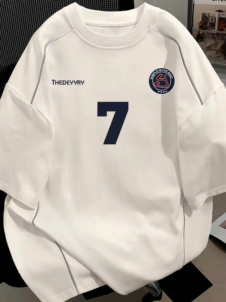 夏季短袖美式休闲情侣通用印花撞色韩版圆领时尚洋气衣服女