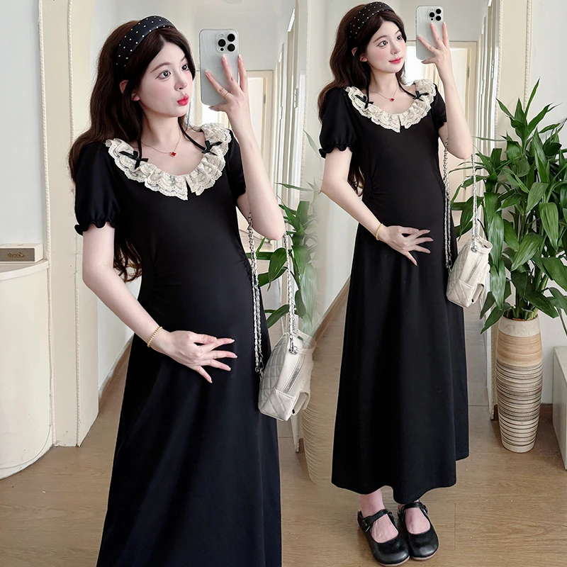 夏季孕妇连衣裙宽松显瘦蕾丝花边雪纺方领慵懒风时尚气质垂感裙子