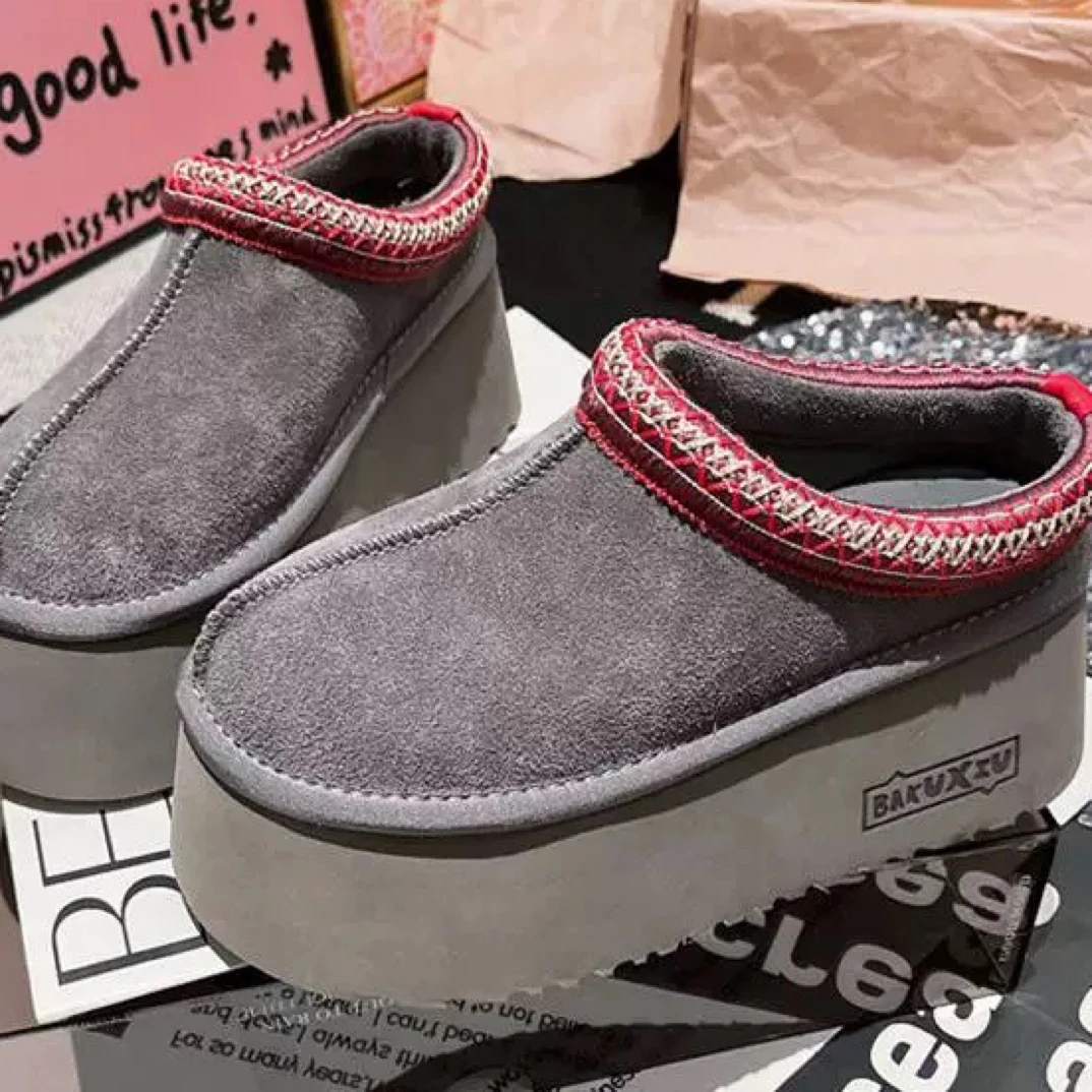 欧货真皮民族风厚底松糕大头面包雪地棉靴短靴靴子勃肯鞋6cm女鞋