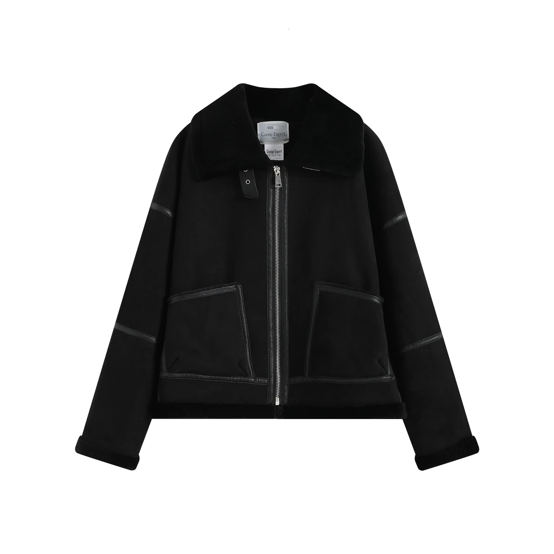 24年冬季休闲羊毛外套拼接百搭机车风D24218