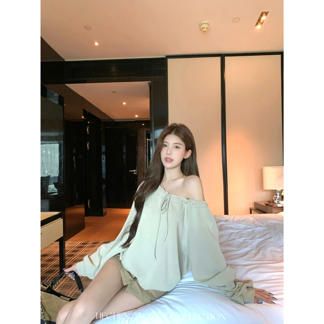 【禾呈】衬衫女秋季百搭时尚小众绑带一字肩通勤衫长袖衬衣女10621