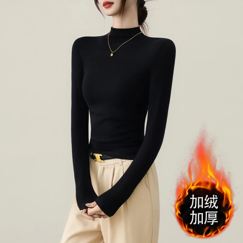 2025秋冬黑色半高领加绒加厚长袖打底衫女新款内搭修身t恤上衣潮