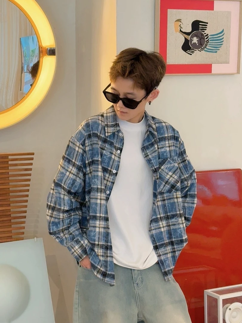 Ccnoter【砂洗做旧洗水格纹衬衫】短宽版休闲潮流百搭长袖