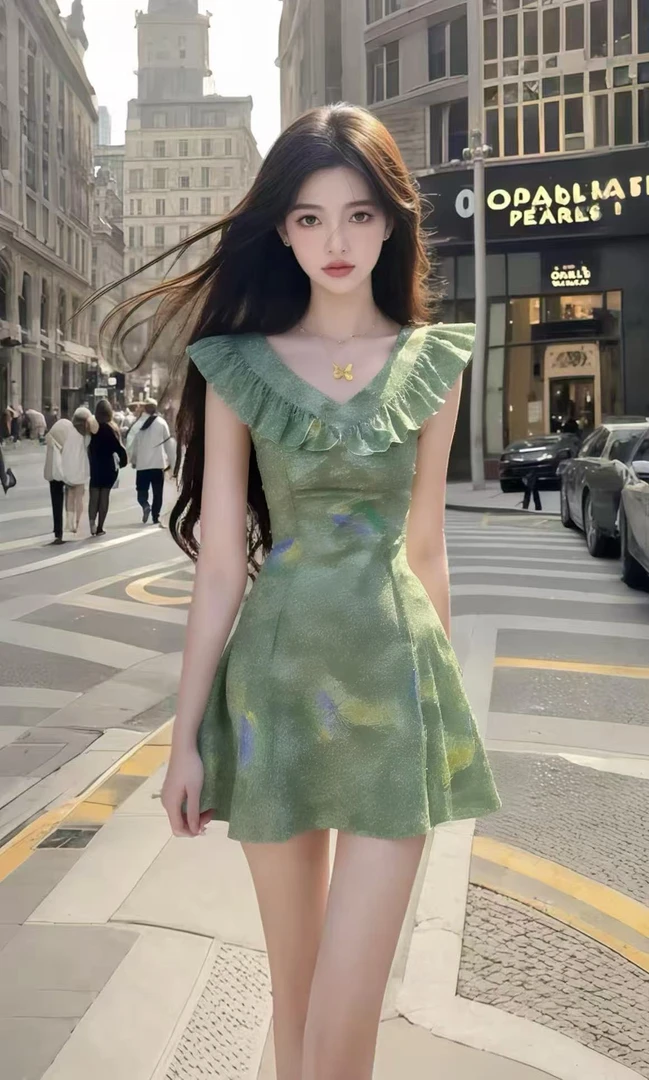 时尚新款气质显瘦温柔风绿色V领收腰设计感连衣裙高级氛围感短裙