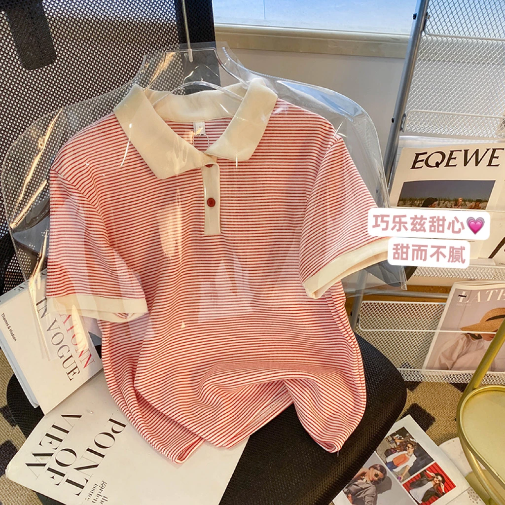 粉色条纹polo领修身短袖t恤女装夏季2025新款t恤女款2025新款爆款