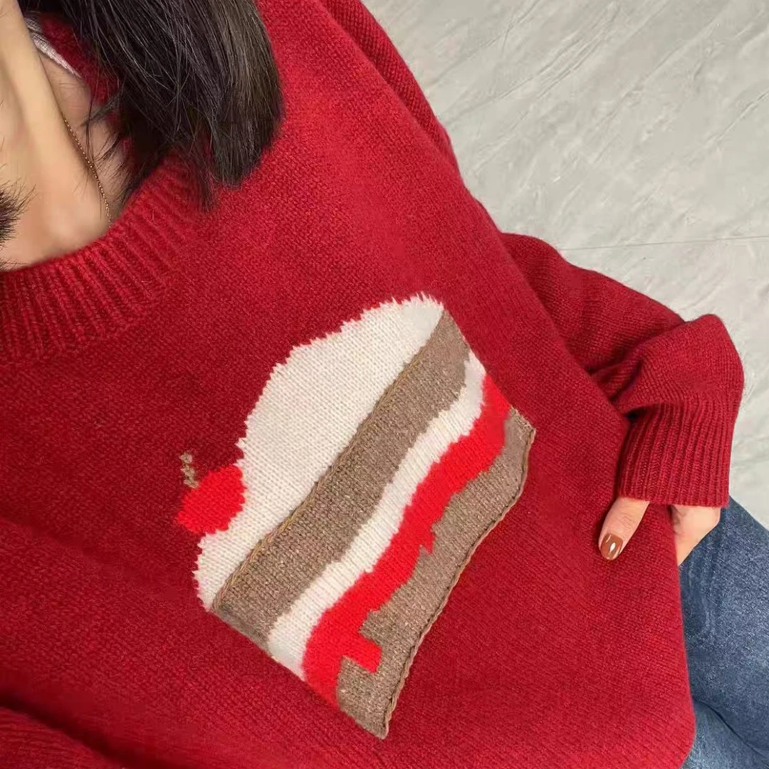 纯山羊绒圆领蛋糕加厚宽松套头针织毛衣