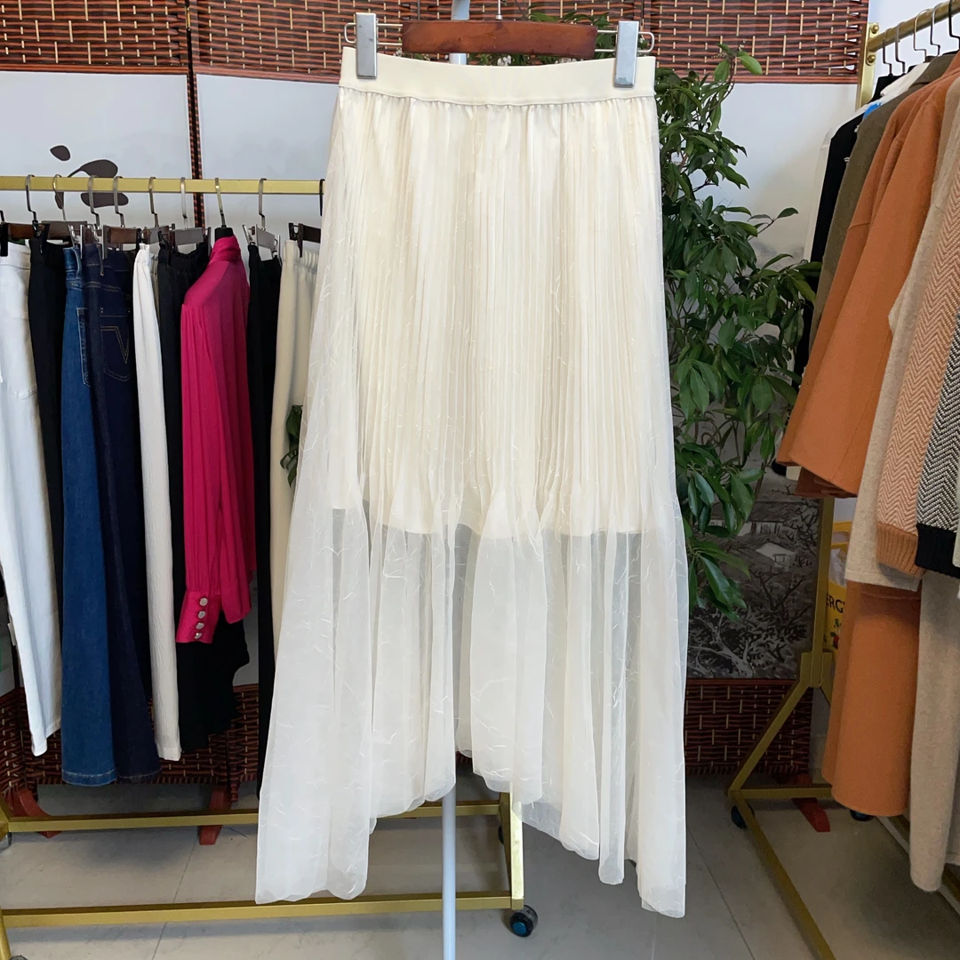 原创三色压褶提花不规则百褶裙女