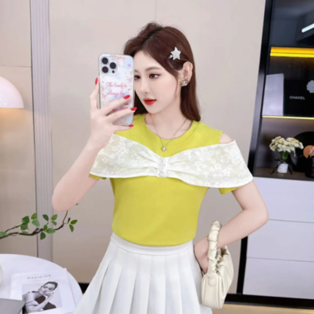 503【衣长53】纯色烫钻蝴蝶结短袖针织通勤T恤气质减龄时尚蕾丝上衣