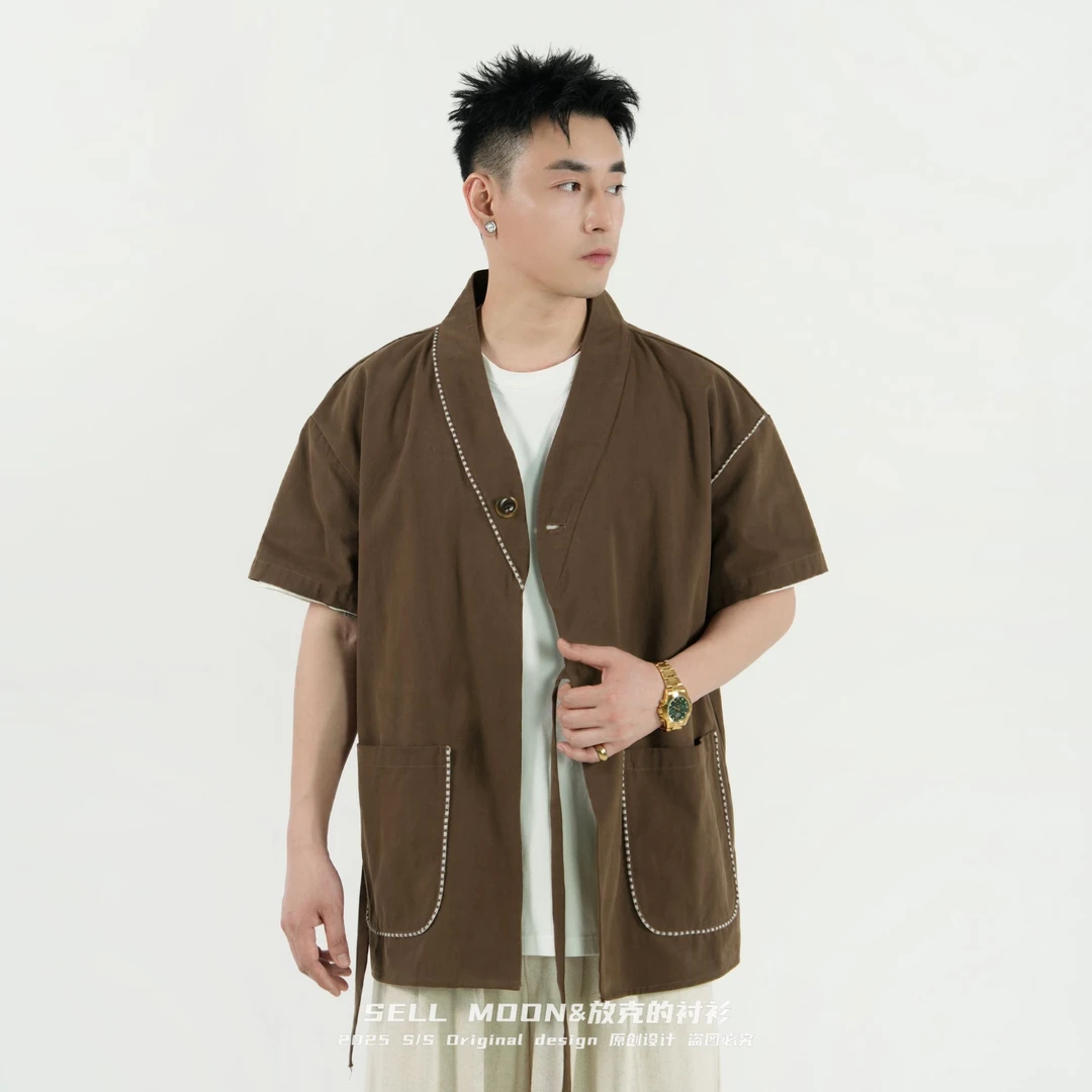 SELLMOON春夏新款中式复古宽松休闲道袍衬衣短袖衬衫外套