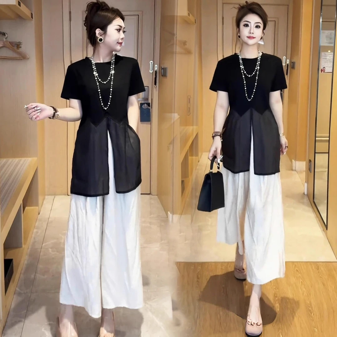 拉夏贝尔时尚套装夏季新款洋气拼接网纱短袖上衣显瘦阔腿裤两件套