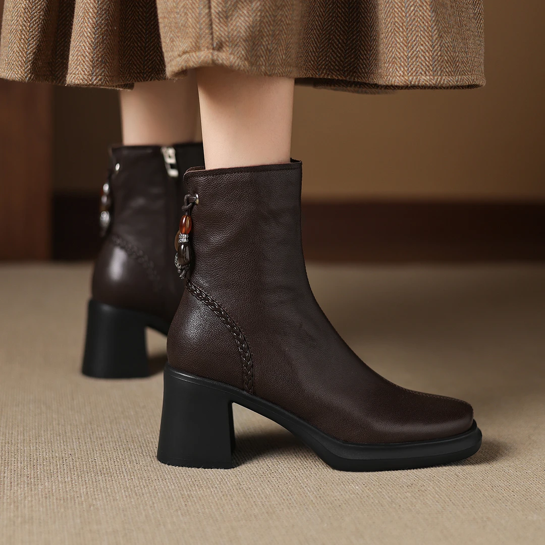 头层羊皮！时尚复古粗跟短靴女2025新款真皮方头侧拉链高跟瘦瘦靴