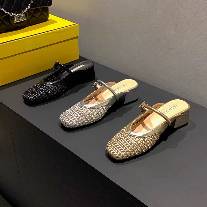 粗跟包头玛丽珍半拖鞋子女夏季外穿镂空配裙子2025新款爆款凉拖鞋