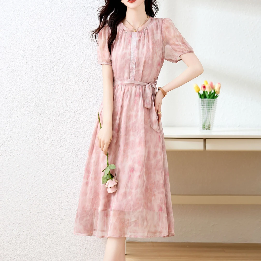 【直播爆款】桑蚕丝复古显瘦法式连衣裙夏季时尚真丝过膝长裙A字裙