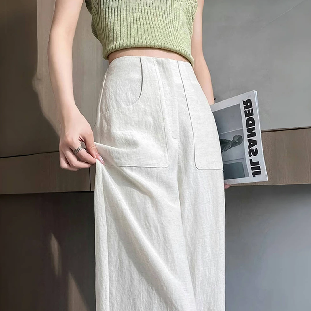 白色亚麻苎麻阔腿裤女夏季薄款高级感老钱风西装直筒棉麻休闲裤子