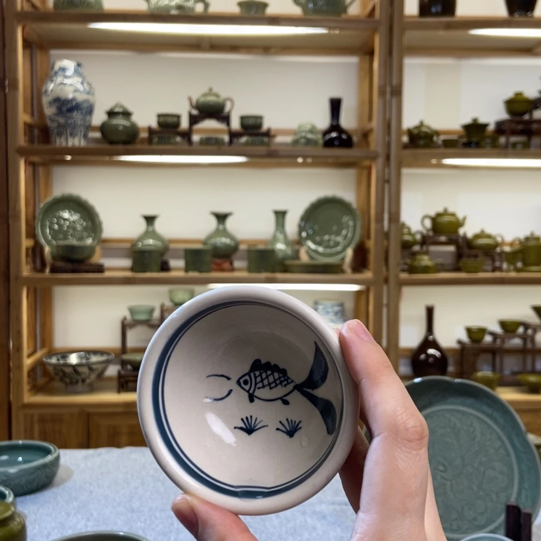 瓷片手工蓝花茶盏福利哈哈哈微微瑕
