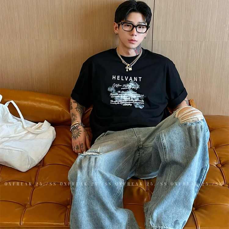 OXFREAK「烟雾云朵印花」300g重磅纯棉灰色短袖t恤男宽松圆领半袖