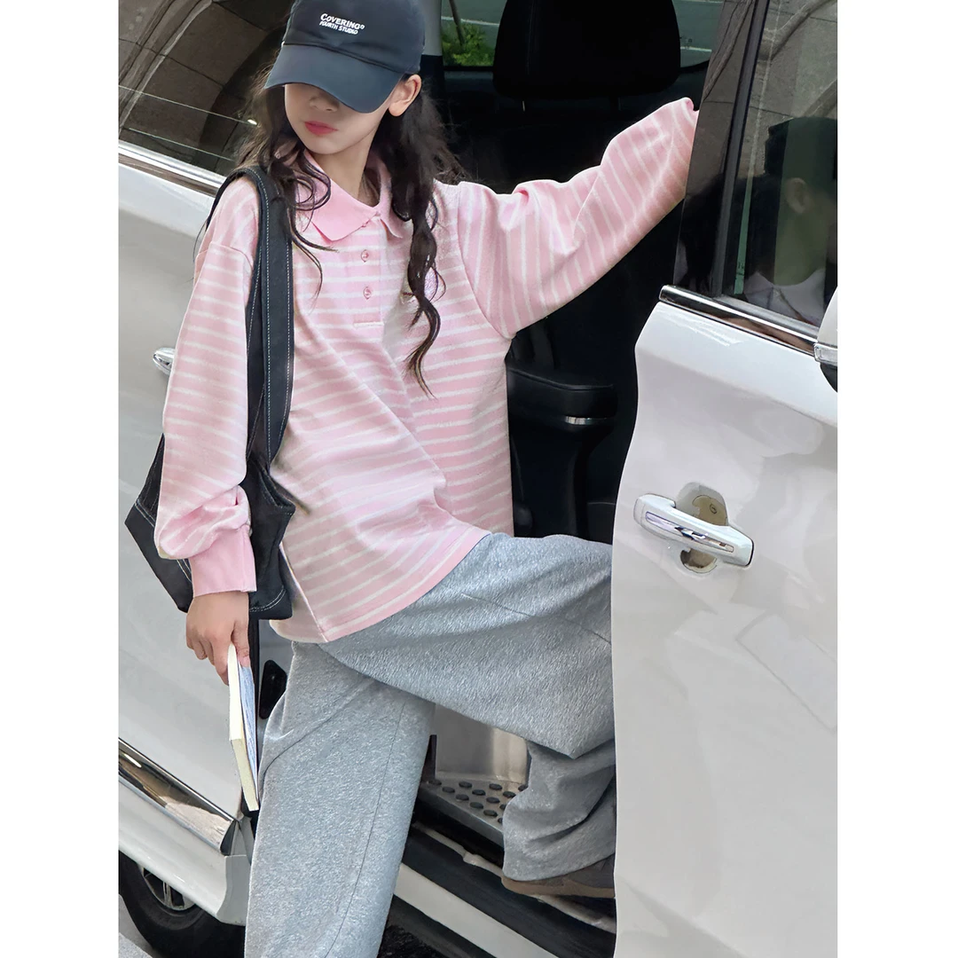 K29771孙小美韩系女童polo衫卫衣2025秋装新款儿童条纹上衣服春秋