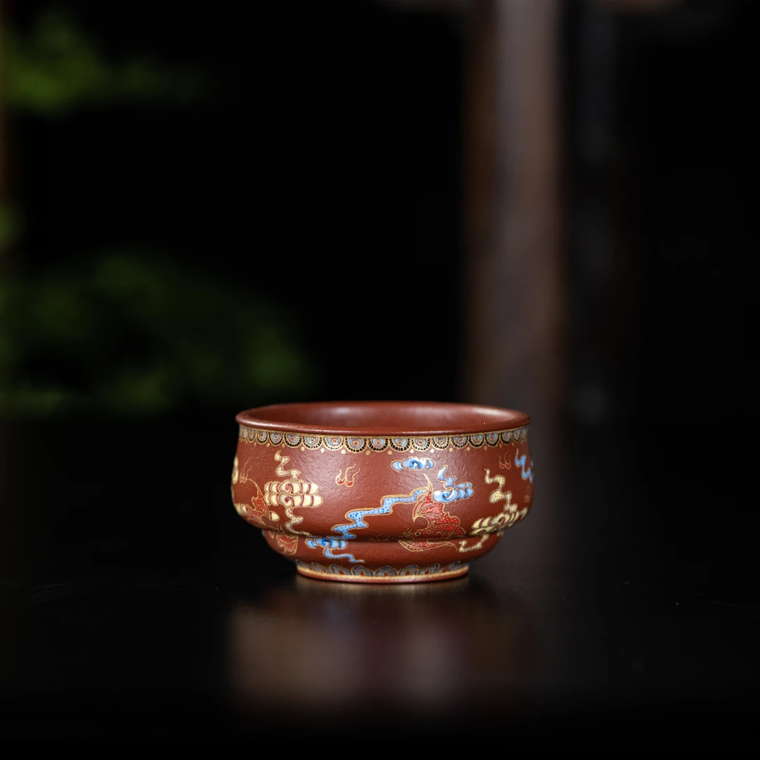【合仲】珐琅福杯（蝙蝠祥云纹）朱泥120cc 紫砂茶具周边