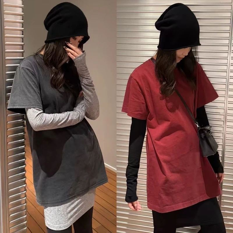 2025春季新款真两件T恤女中长款叠穿显瘦宽松休闲深灰色上衣夏季