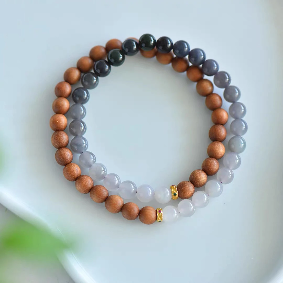 天然和田玉烟紫渐变S925银镀金镶嵌DIY老山檀香手串