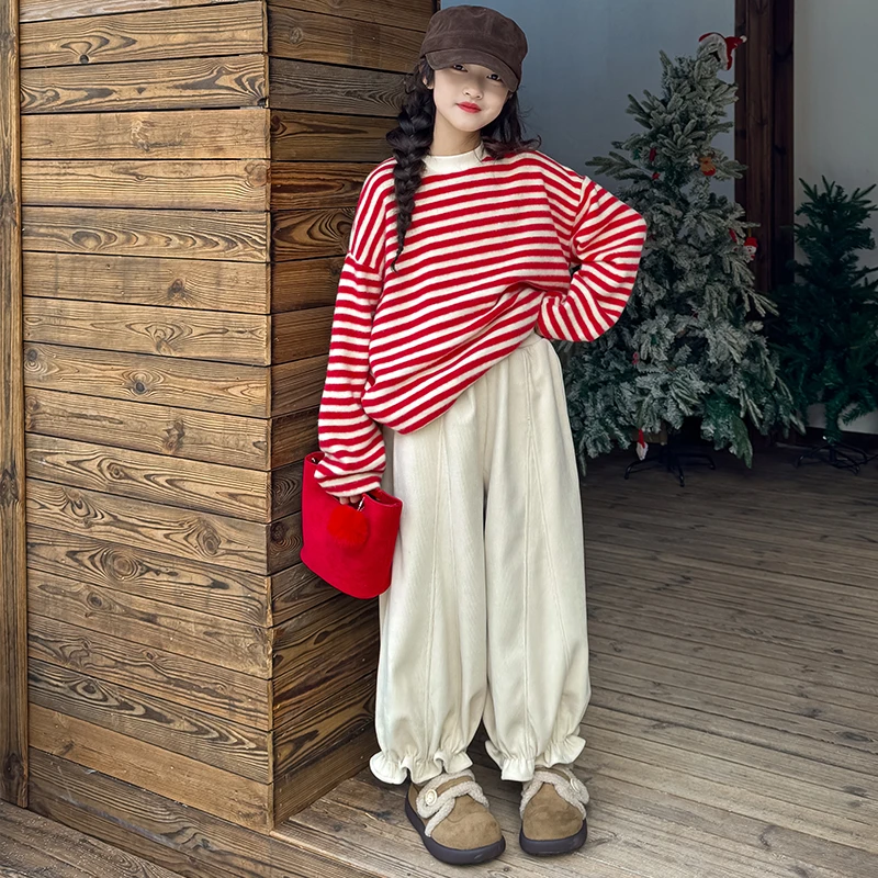 女童针织衫韩版秋冬季2025新款中大童条纹兔毛绒百搭女孩休闲毛衣