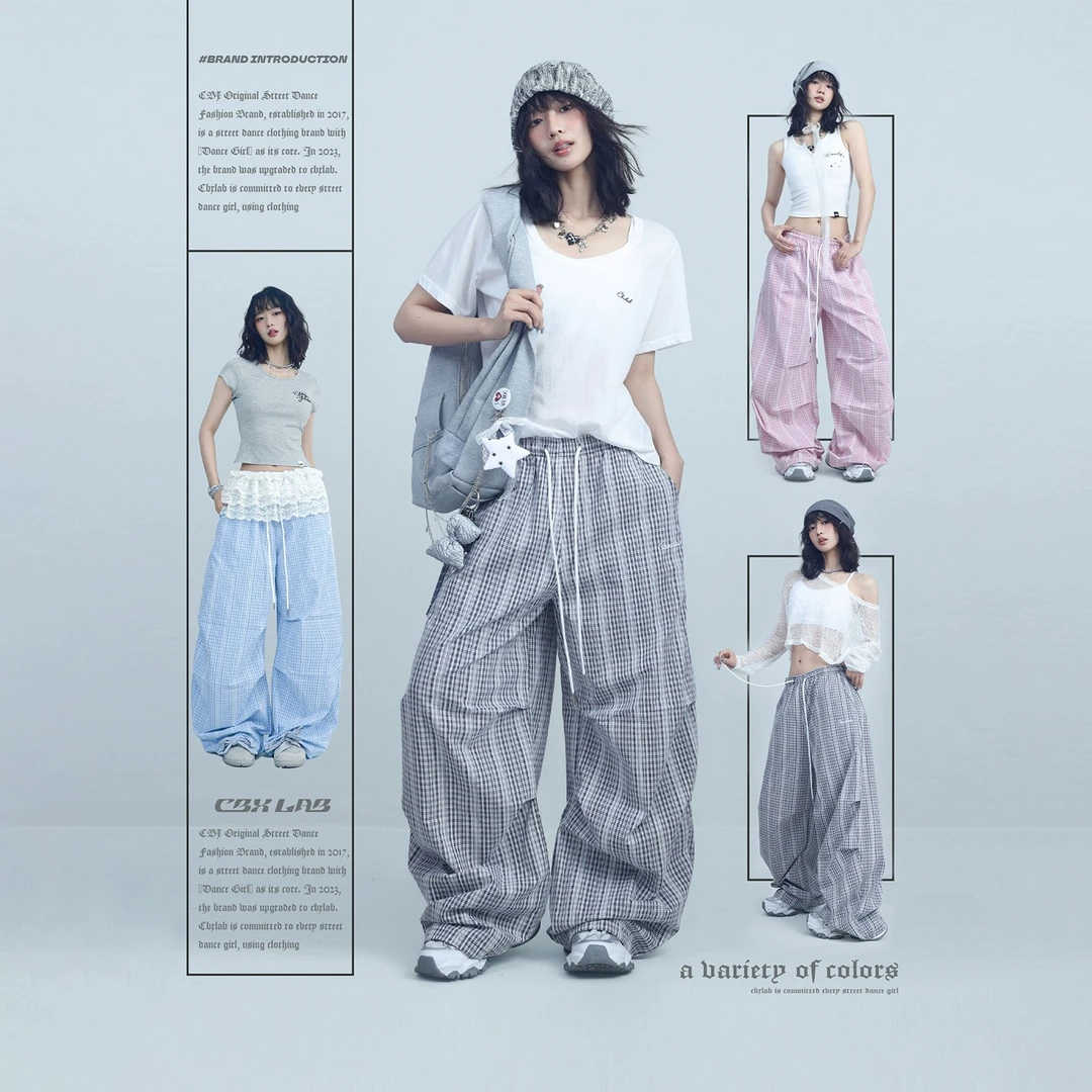 CBXLAB街舞潮牌清新蓝白格子运动裤学院风复古辣妹街头遮胯显瘦裤