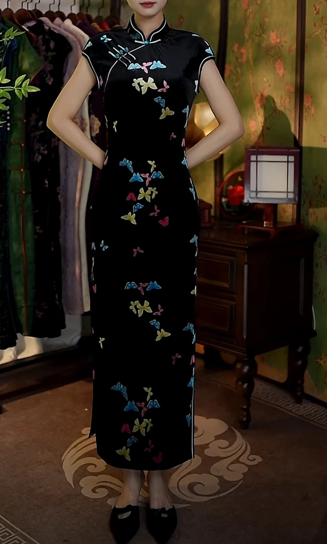 蝴蝶 新款日常黑色丝绒古法气质优雅旗袍