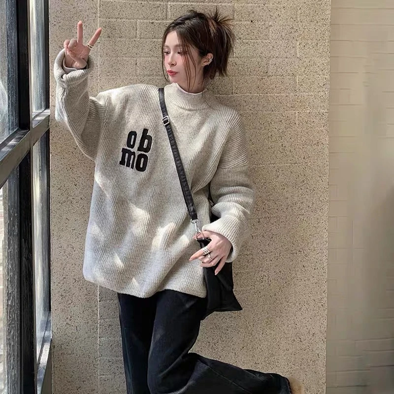 0290 SJ字母刺绣套头毛衣宽松慵懒风加厚软糯潮流针织衫大仓库