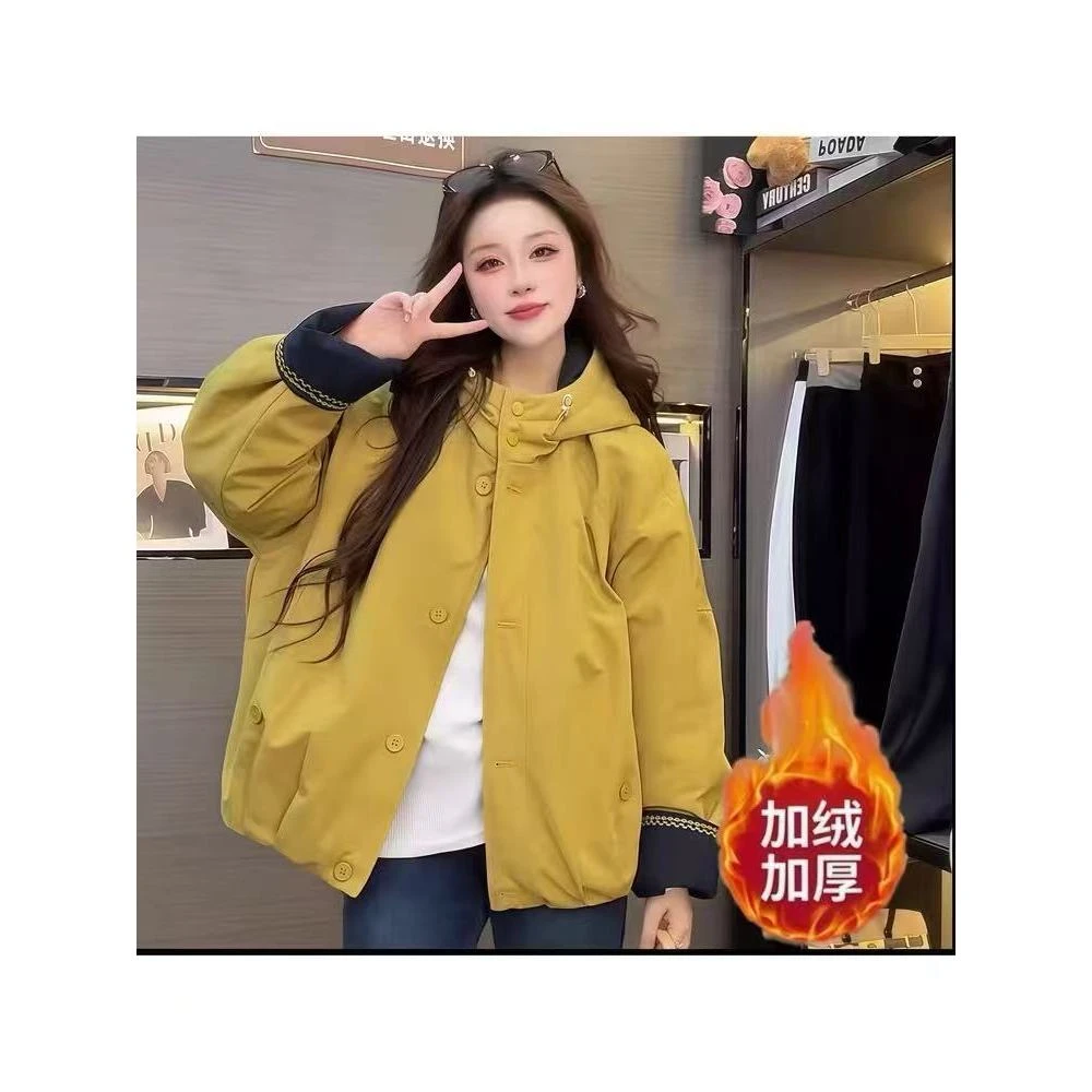 875款-撞色连帽冬季韩系刺绣翻边袖棉服外套