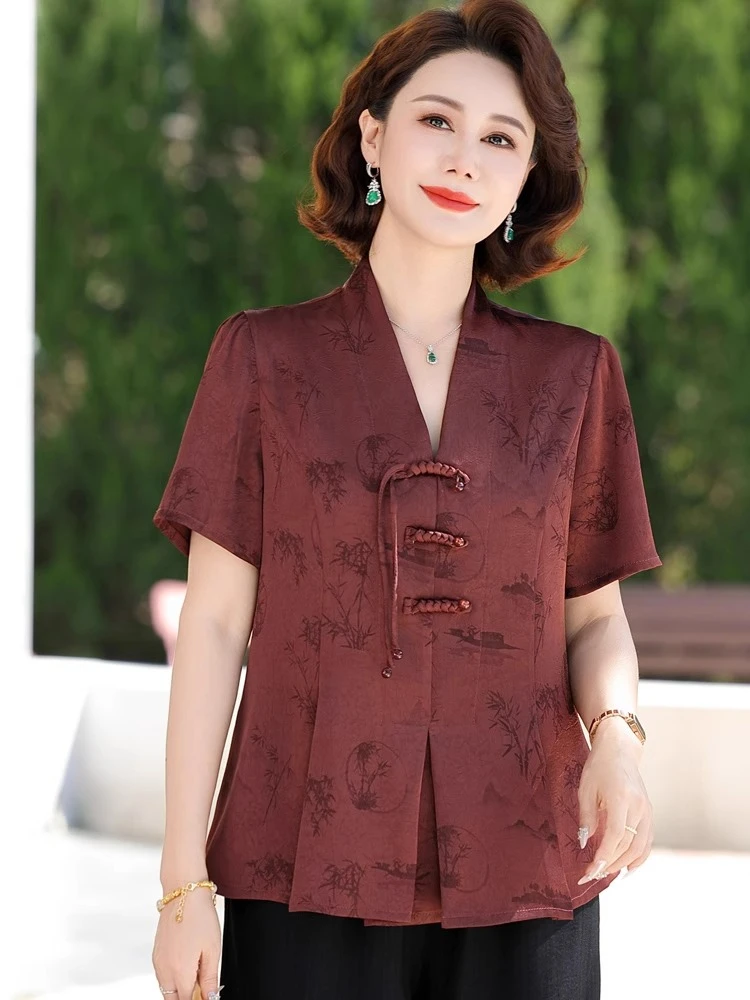 母亲节妈妈夏装国风短袖T恤中老年女装喜婆婆结婚礼服60高贵小衫