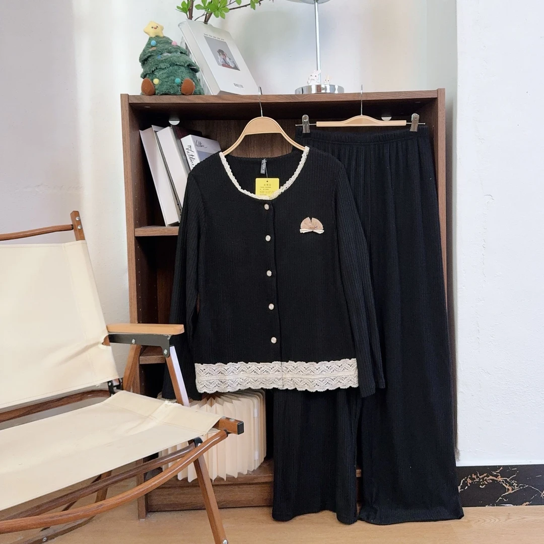 【黑色蕾丝边小香风】新款抓绒带胸垫可外穿休闲家居服套装