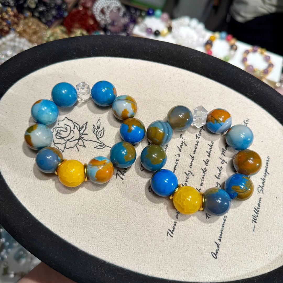 【小地球】玛瑙20mm超大珠子白水晶双尖设计款手串多样发其一