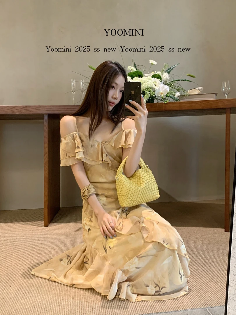 【 YOOMINI】10750层叠荷叶边印花H型海边度假风长裙连衣裙