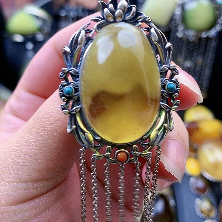 琥珀裸石银S925镶嵌坠