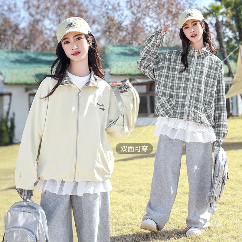 女大童两面穿外套2025新款春季韩版复古格子工装女孩夹克25029