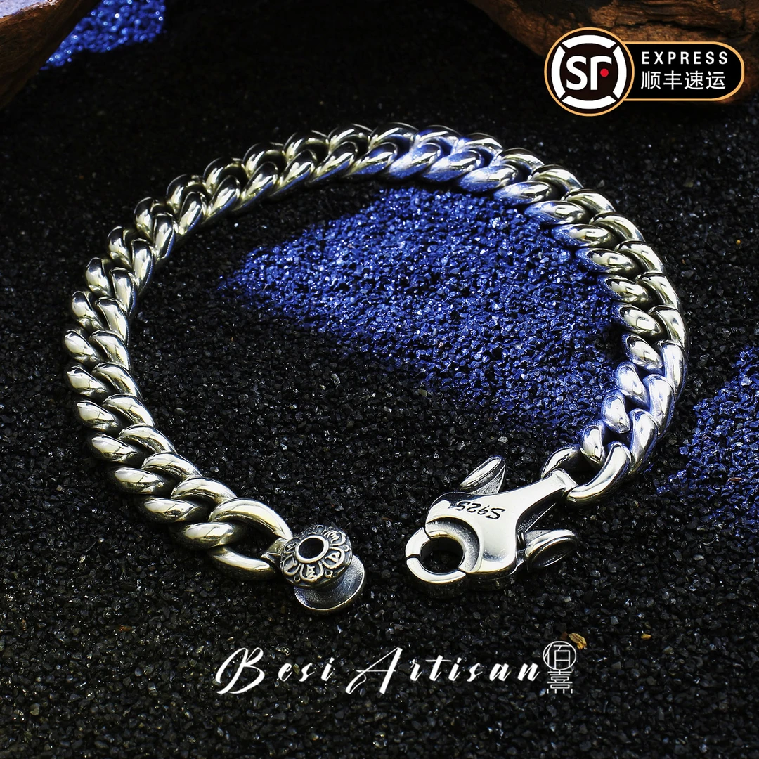 925银手链 降魔杵古巴六字真言男士手链霸气复古朋克潮男个性手饰