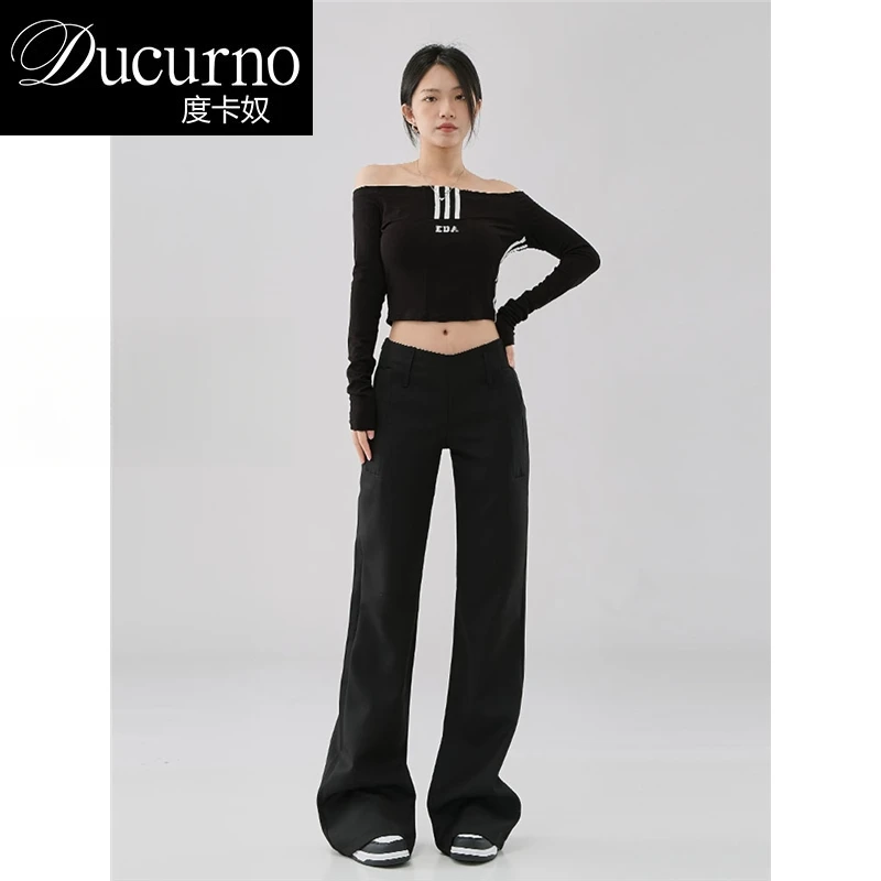 美式复古高腰修身微喇叭休闲西裤女秋季低腰小个子宽松显瘦长裤子