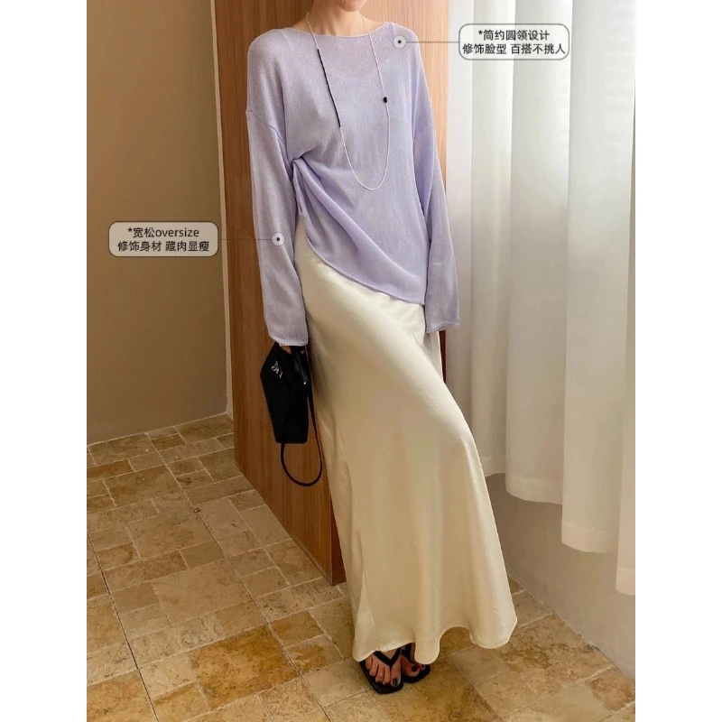 亚麻慵懒卷边圆领宽松夏季百搭oversize气质针织罩衫上衣显瘦薄款