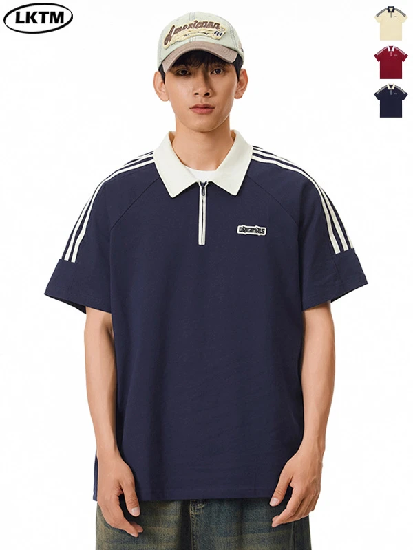 春夏短袖男装Polo衫潮流刺绣polo衫条纹透气户外美式拼色
