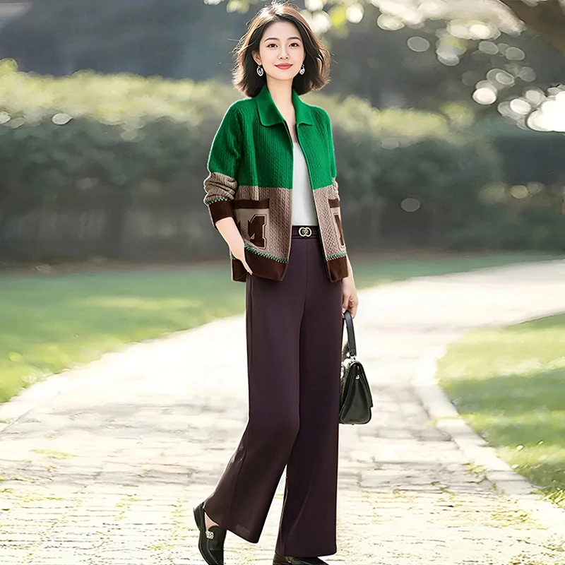 2025春秋新款设计感针织拉链撞色外套上衣女半松紧腰直筒裤两件套