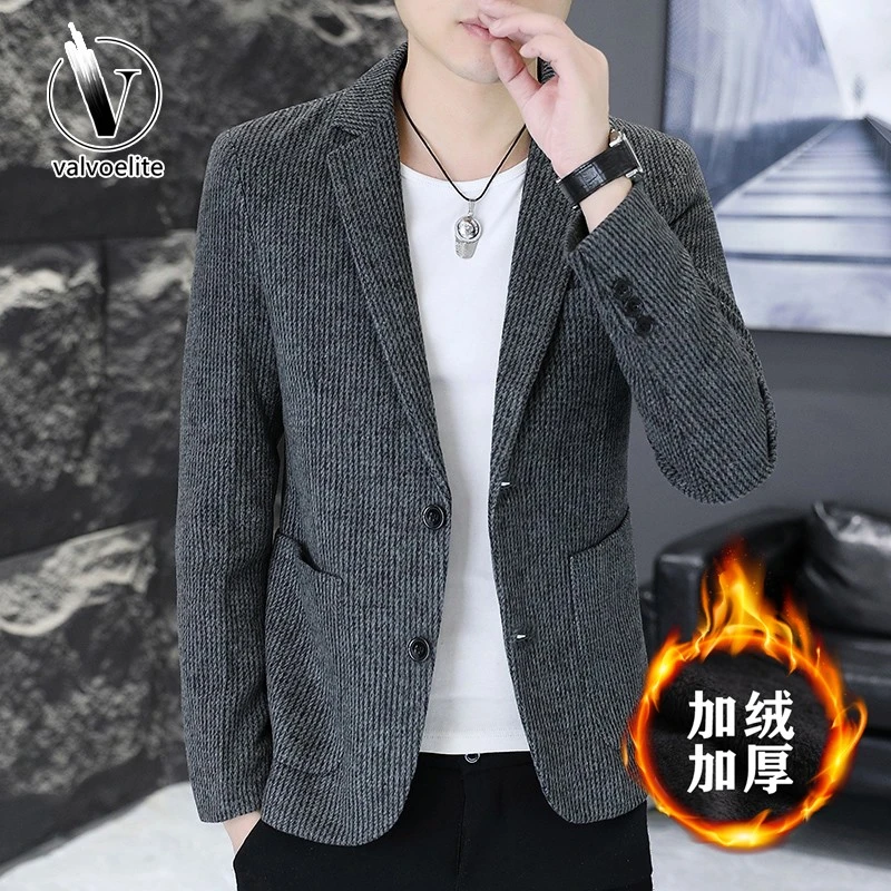 VALVOELITE冬季加绒两粒扣西装男士修身单西青年休闲加厚西服外套
