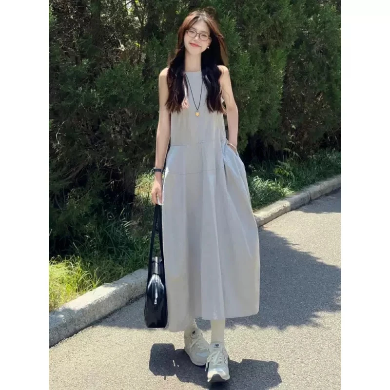 蓝色格纹收腰连衣裙白色无袖夏季气质小个子收腰印花-2504