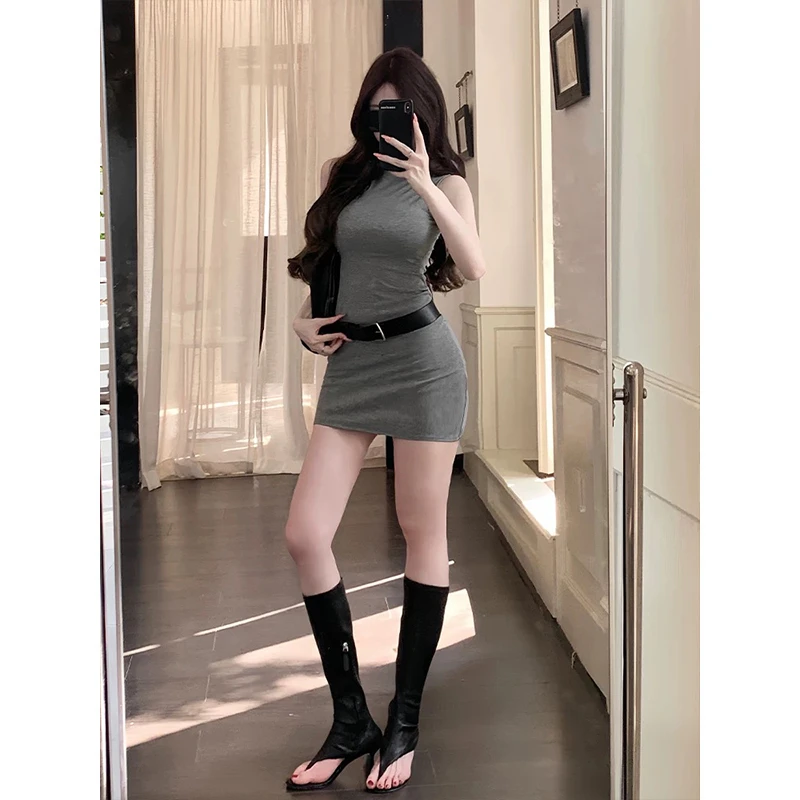 MosesQueen/魔西女王半高领辣妹无袖包臀裙收腰显瘦背心连衣裙夏