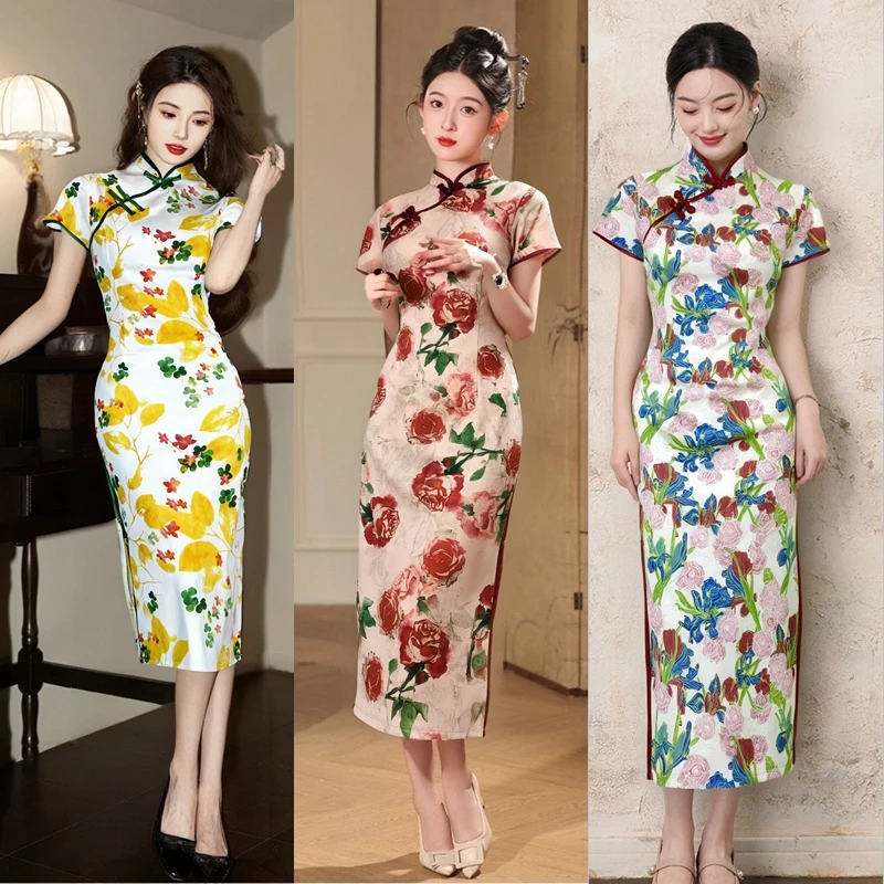 夏季胖mm200斤大码新中式设计感旗袍裙长款复古修身印花连衣裙潮
