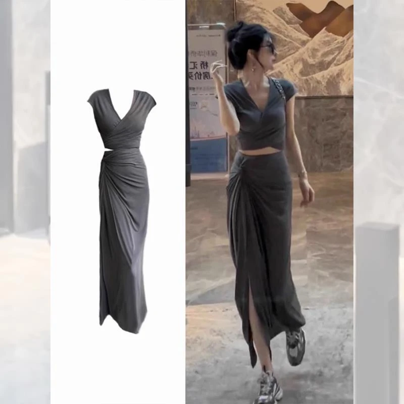 法式气质灰色v领飞飞袖连衣裙女夏季不规则开叉包臀长裙子两件套